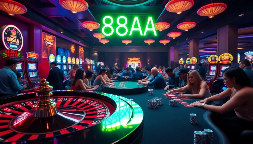 Exciting casino scene with players at the poker table during 88AA game night, highlighting thrill and community.