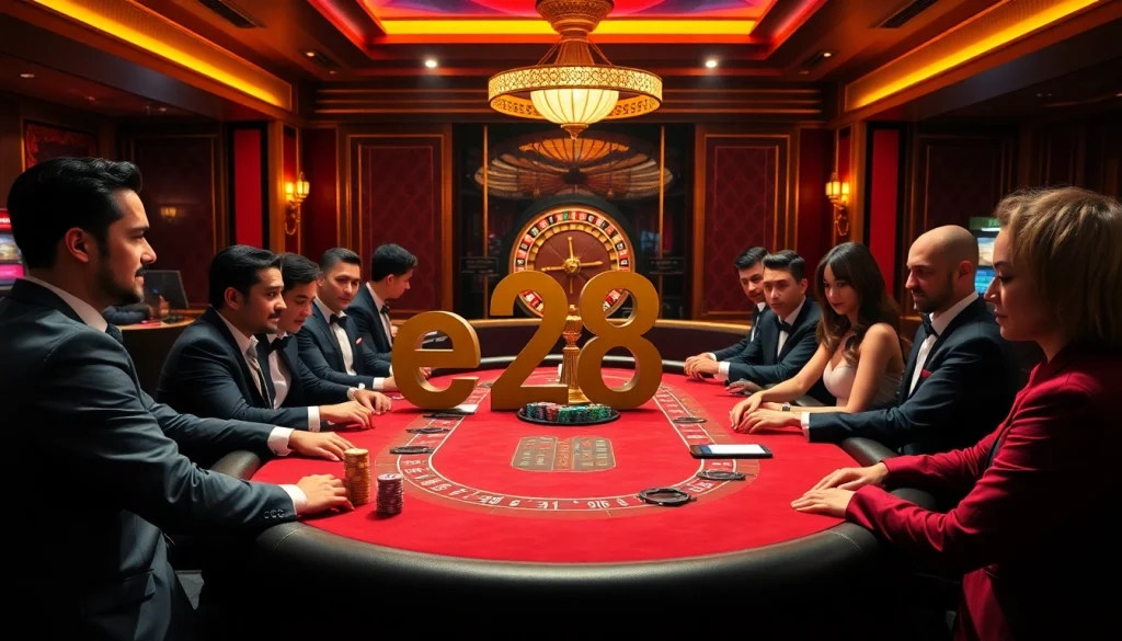 Engage in the thrilling atmosphere of e28's upscale poker game featuring colorful chips and an illuminated roulette wheel.