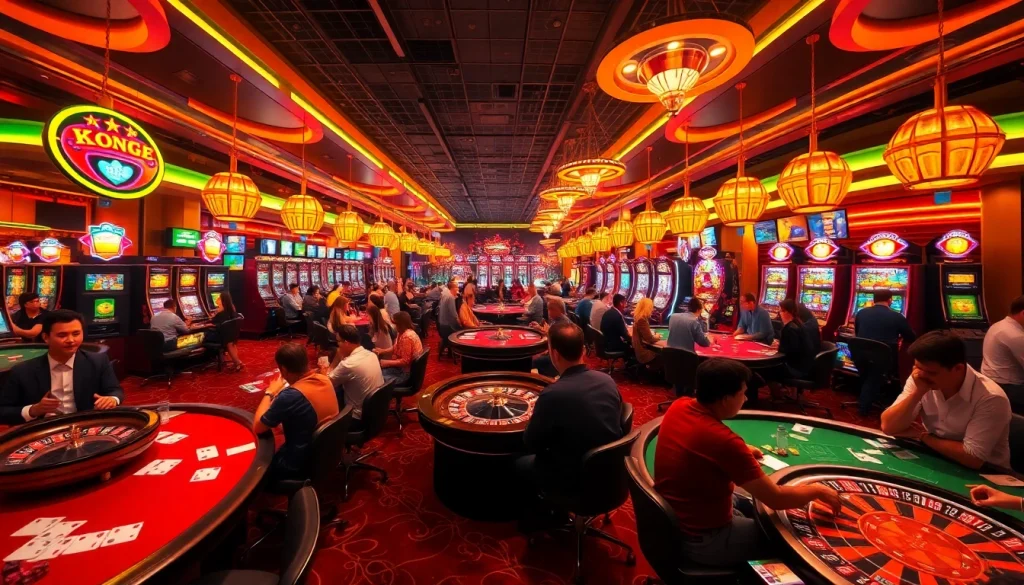 NgonClub gaming experience with vibrant casino tables and players enjoying poker and roulette.