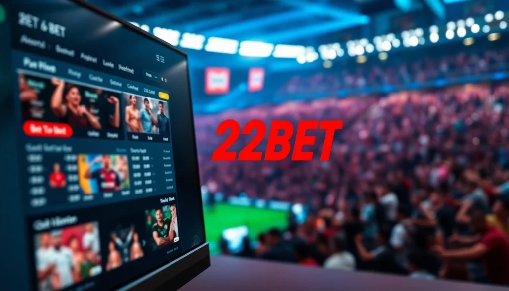 Engaging sports betting interface featuring Nhà cái 22BET logo surrounded by dynamic options and fans.