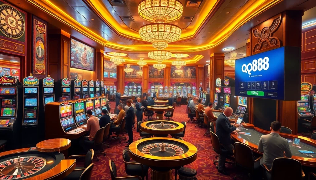 Experience the thrill of qq88 đăng nhập at a luxurious casino with vibrant gaming tables and lively patrons.