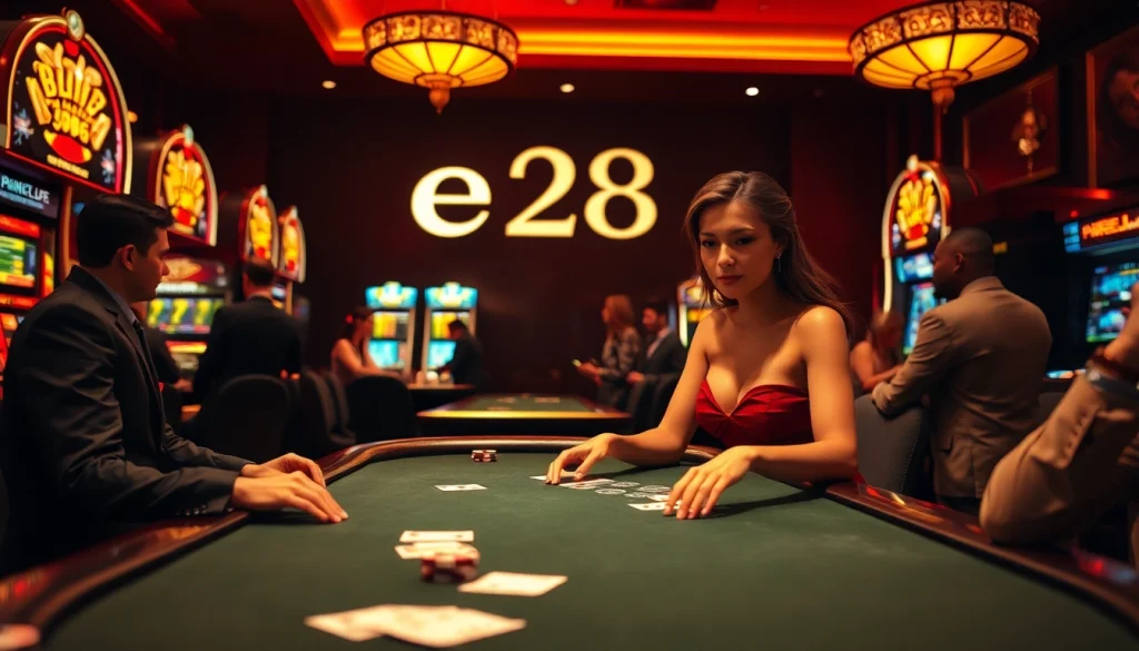 A glamorous casino scene with the keyword e28 visible, showcasing a woman playing blackjack amidst an exciting atmosphere of slot machines and poker tables.