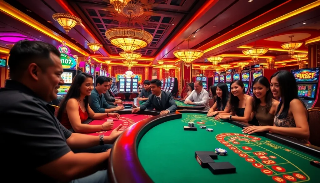 RR88 casino scene featuring players at vibrant gambling tables and slot machines.